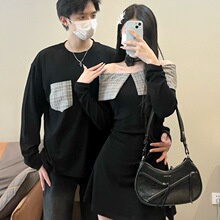 法式情侣装春秋新款韩版拼接格子翻领系带两穿一字肩显瘦女连衣裙