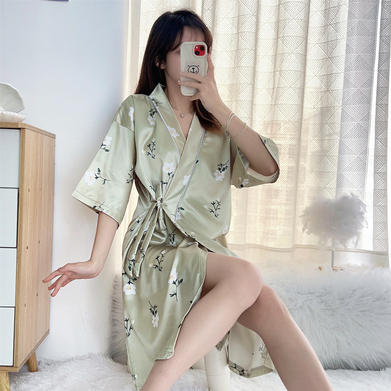 여성용 잠옷 봄과 가을 아이스 실크 인공 실크 얇은 섹시한 여름 잠옷 레이스 업 기모노 느슨한 목욕 가운