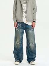 外贸美式复古水洗做旧磨边破洞补丁猫须牛仔裤直筒宽松vintage裤