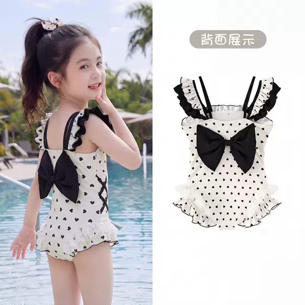 Girls' One-Piece Swimsuit Children's Summer Wear 2026 Stylish Swimwear with Bow Sweet Heart-Shaped Fashionable Quick-Dry Swimsuit