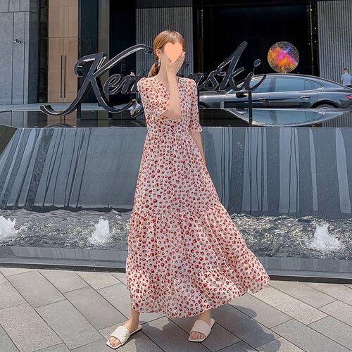 Spring, summer and autumn 2024 new trumpet short-sleeved chiffon polka dot floral high-waist slim long skirt dress long style for women