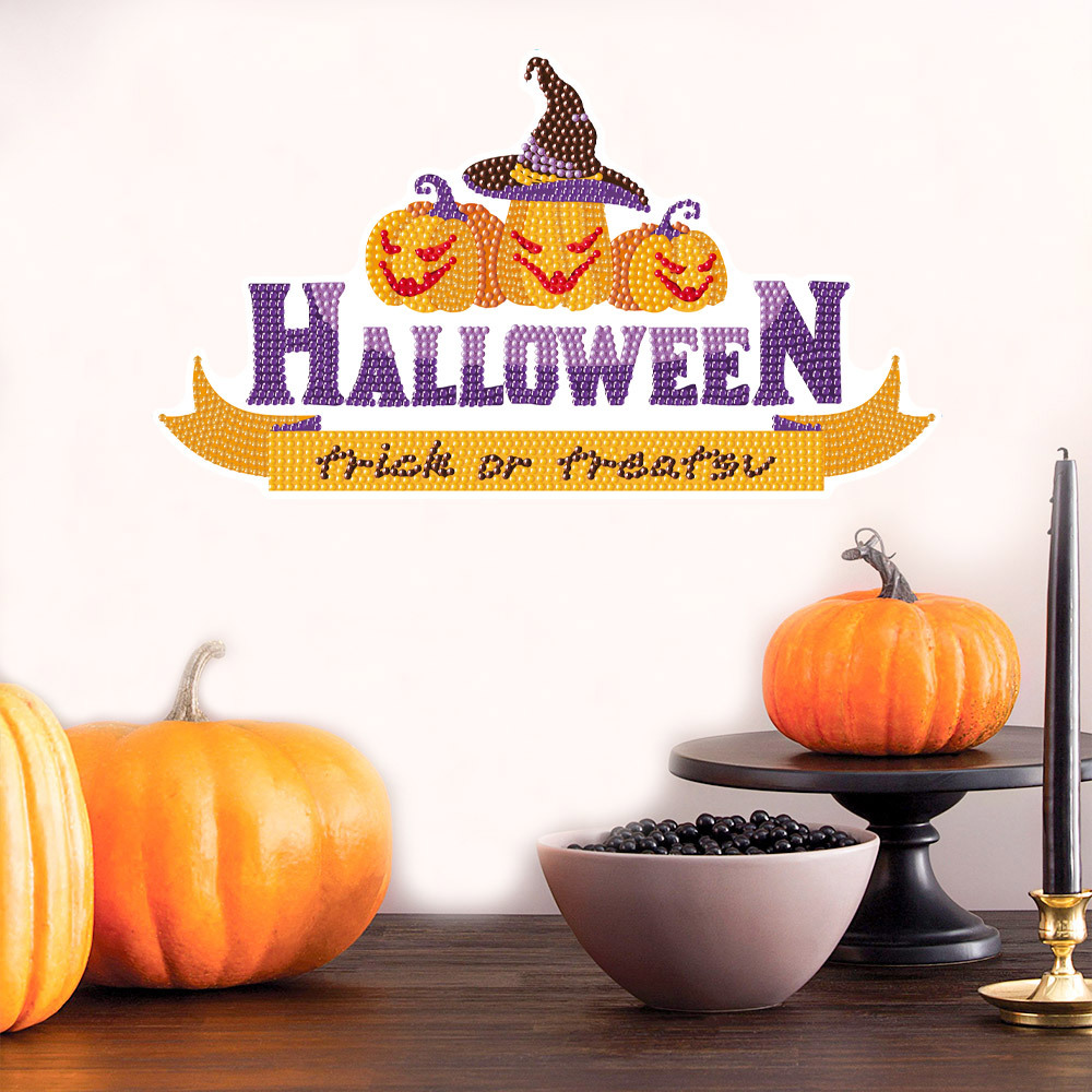 Lema de decoración de Halloween de dibujos animados, pintura de diamantes, pegatinas aleatorias, pegatinas de pared de mampostería de bricolaje, pegatinas hechas a mano para niños, diamantes redondos