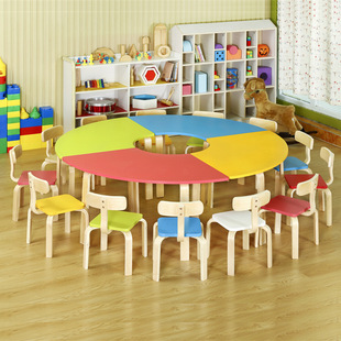 Kindergarten tables and chairs solid wood splicing table children's fan-shaped combination picture book museum art class early education table manufacturers wholesale