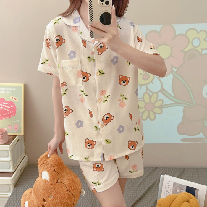 睡衣女夏季梭织泡泡棉皱布ins公主风可爱短袖夏天薄款家居服套装|undefined