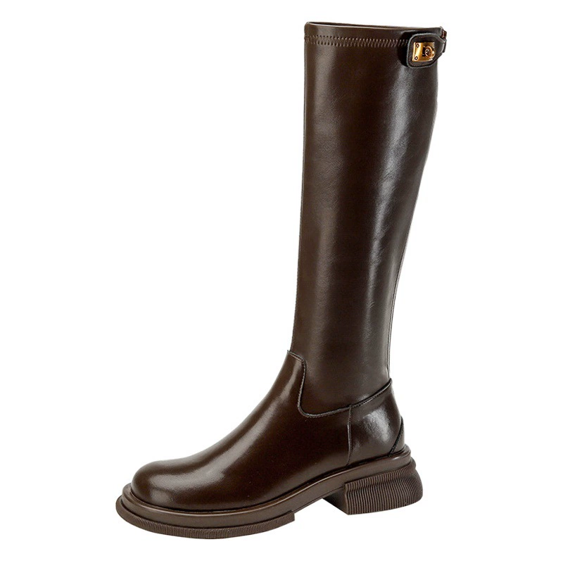 Новые женские сапоги осень-зима 2025: высокие сапоги с круглым носком, толстой подошвой, золотой пряжкой, коричневые, стройнящие, для верховой езды