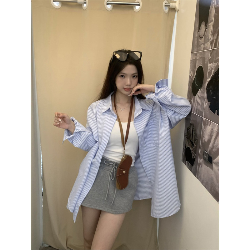 Pphome Sweet Girlfriend ~ Lazy Loose Blue Striped Shirt Jacket Women's Autumn Casual Ins Sunscreen Shirt