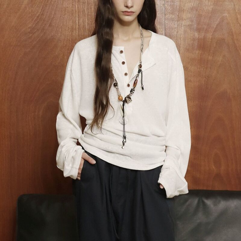 Aw Versatile Collared Top in Old Money Style, Loose Fit, Women's Cotton Casual Long-Sleeve Shirt with a Linen Feel, Waist-Cinching, Autumn Solid Color T-Shirt