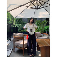 美式白色短袖t恤女V领蕾丝也有印花夏季宽松复古显瘦慵懒设计感上