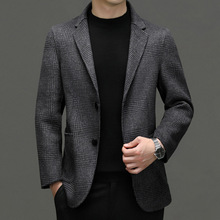 冬装羊毛双面呢休闲西服男式时尚潮流中年男装格纹毛呢小西装外套