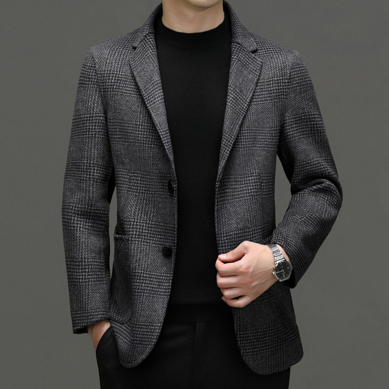 冬装羊毛双面呢休闲西服男式时尚潮流中年男装格纹毛呢小西装外套