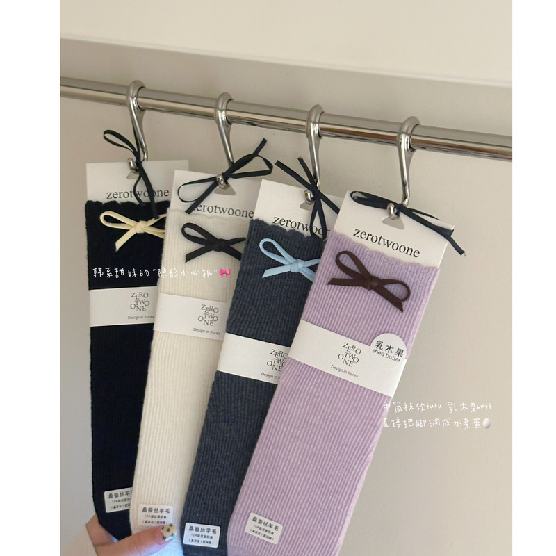 Bowknot Socks for Women, Thickened Slouch Socks, Autumn and Winter Warm Double-Needle Korean-Style Sweet Lace Wool Mid-Calf Socks