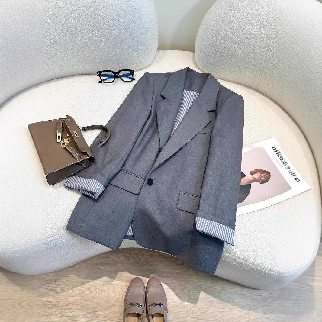 Spot Gray Suit Jacket for Women 2024 Autumn New Korean Style Loose Design Elegant Work Clothing Casual Suit