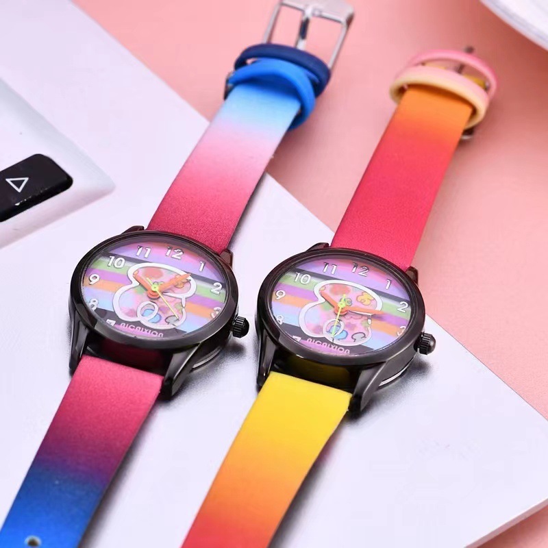 Selected  Trendy Cute Rainbow Belt Women's Watch Minimalist Little Bear Digital Student Watch Casual Personality Black Shell Women's Watch_voghion.com