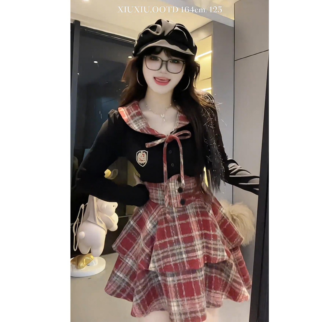 Pure Lust Style Jk Uniform Suit Women's Spring & Fall New Splicing Shirt + Plaid Waist Skirt Slimming Look Two-Piece Set Black