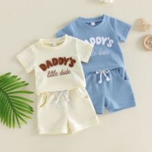 欧美风夏季童装男女童华夫格DADDY'S毛巾绣短袖哈衣+短裤两件套