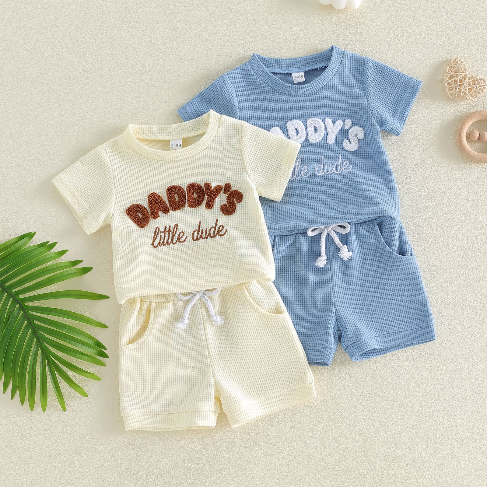 欧美风夏季童装男女童华夫格DADDY'S毛巾绣短袖哈衣+短裤两件套