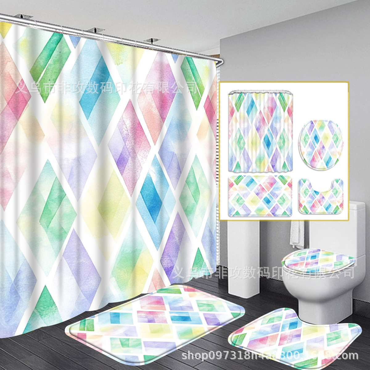 Fabricantes de fuente transfronteriza de comercio exterior cortina de baño de impresión paisajística cuatro piezas de baño cortina de baño impermeable antideslizante conjunto personalizado