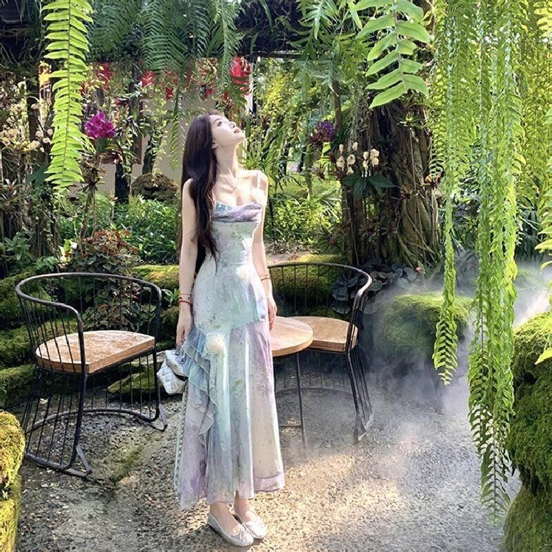 French Mermaid Princess Summer Temperament Fishtail Smudged Suspender Waist New Seaside Dress Vacation Long Skirt