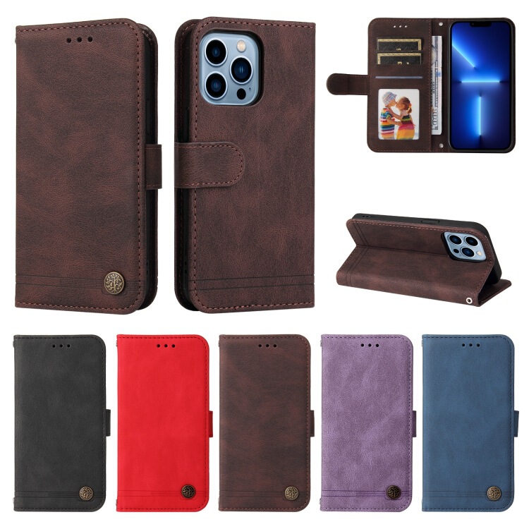 For iPhone14ProMax skin feeling life tree leather case Apple 13 retro business card wallet mobile phone case