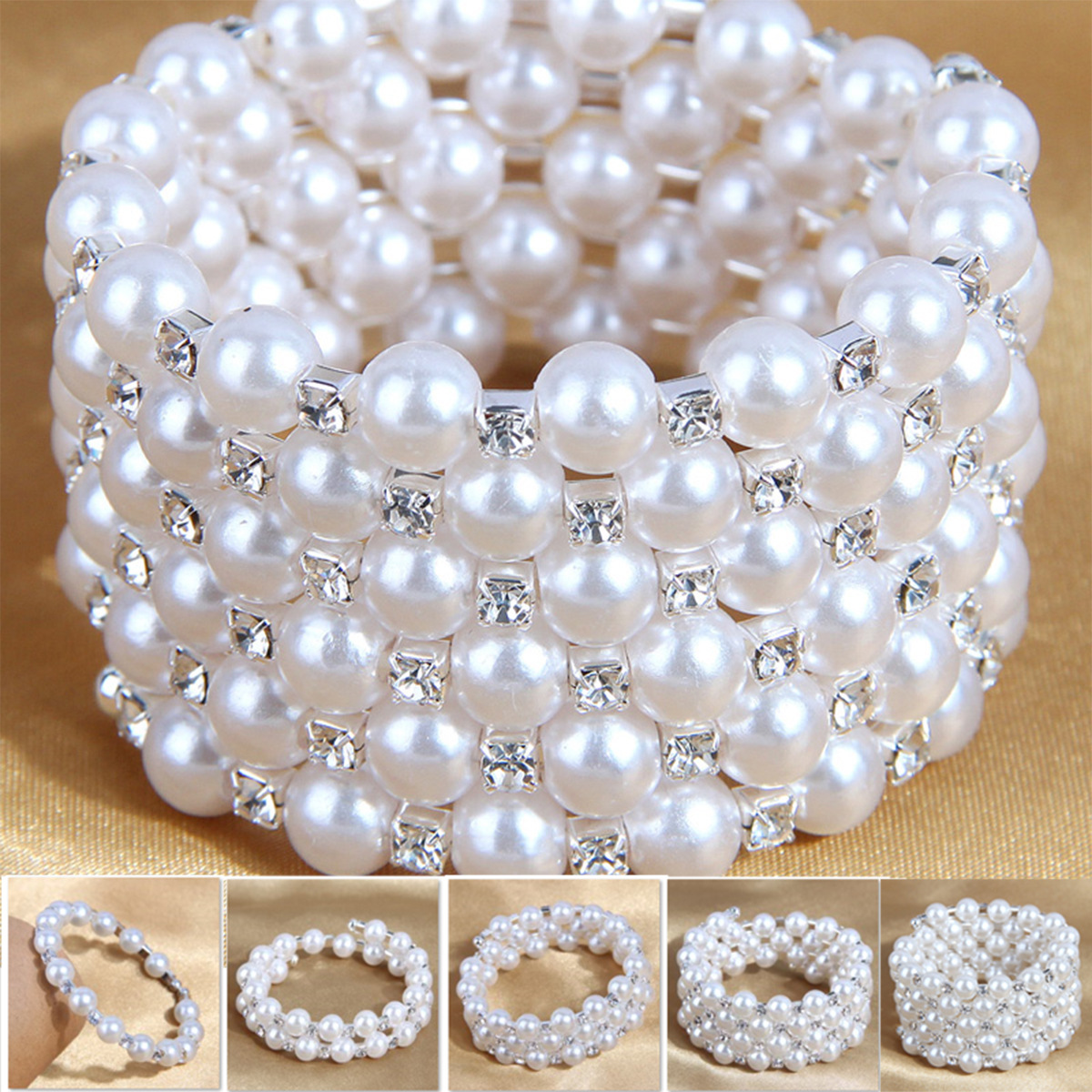 Korean Pearl Rhinestone Full Diamond Elastic Bracelet European and American Cross-border Fashion Pearl Multi-layer Winding Spiral Bracelet for Women