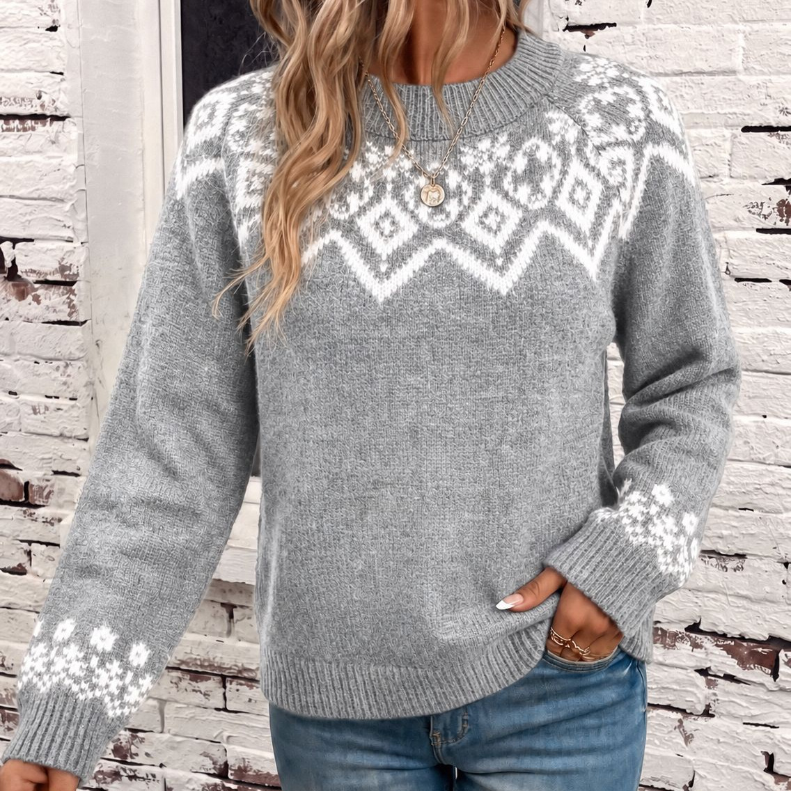 Round neck jacquard sweater for women autumn and winter new Fair Isle pattern loose lazy style sweater top