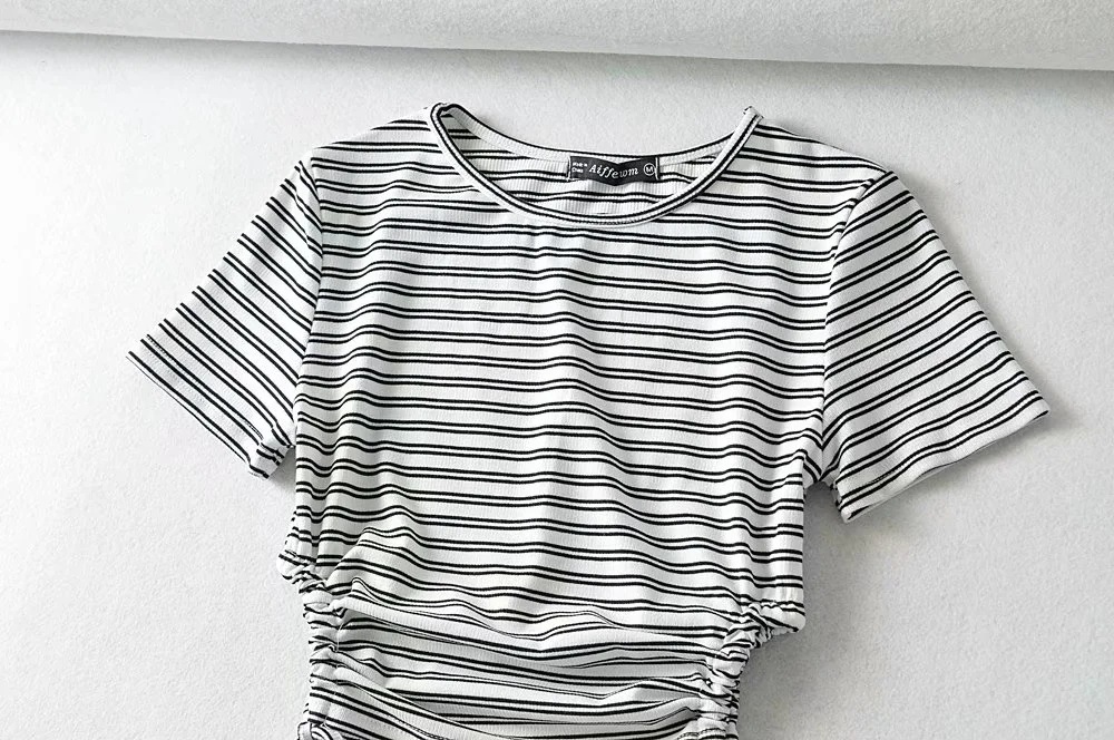 Drawstring striped short-sleeved contrast color T-shirt NSHS61803