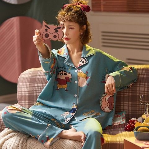 Pijamas de las mujeres Primavera, Otoño e Invierno 100% algodón de manga larga de estilo coreano dulce lindo estudiante cardigan ropa para el hogar