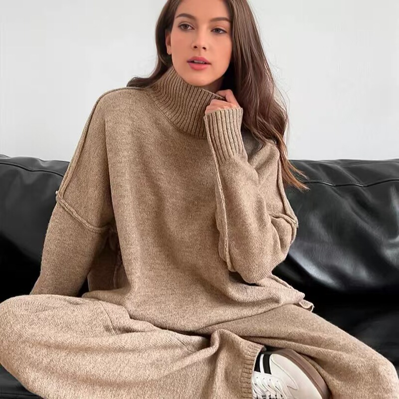2026 Cross-Border High-Neck Slit Sweater Set for Women, European and American Style, Loose Casual Lazy Knit Long Pants Two-Piece Set 2026 Cross-Border High-Neck Slit Sweater Set for Women, European and American Style, Loose Casual Lazy Knit Long Pants Two-Piece Set