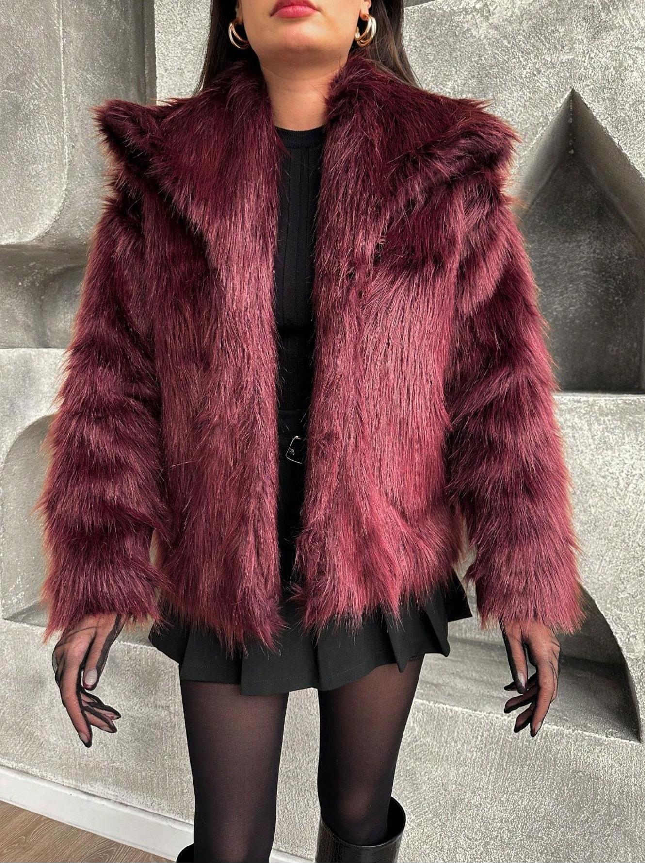 1743g Weight Faux Fur Coat Outerwear Type Long Sleeve Sleeve Length Polyester Fabric Type Regular Top Length Coat Tops Type Daily Occasion Turndown Neckline Loose Fit Type Solid Color Pattern Winter, Spring, Autumn Season Women's Gender Elegant Style Wine Red Color Women's Elegant Solid Color Coat Faux Fur Coat 3
