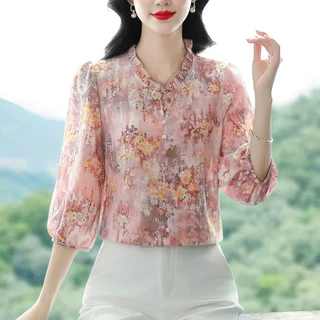 真丝衬衫女宽松印花立领桑蚕丝衬衣妈妈减龄上衣小衫桑蚕丝衬衫