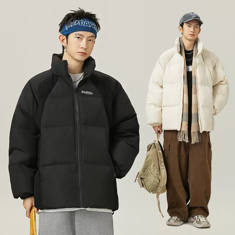 美式灯芯条拼接冬季加厚立领棉服男装插肩袖设计保暖面包服外套q