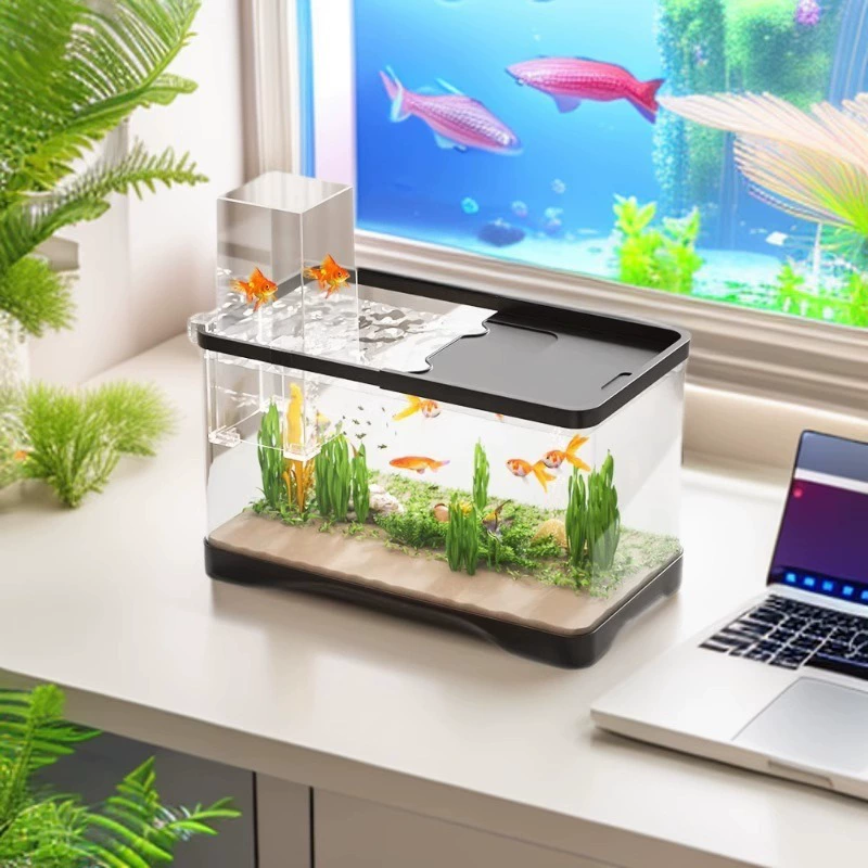 Прозрачный аквариум с крышкой, настольный аквариум с отрицательным давлением, микроландшафт, аквариум для рыбок-бетта, мультяшный ландшафтный аквариум, пластиковый аквариум с защитой от прыжков, аквариум для золотых рыбок