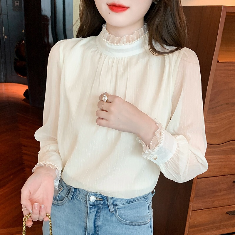 Women's semi-high collar lace base shirt for spring and autumn, stylish inner wear with ruffled edges, loose fit, slimming and age-reducing top