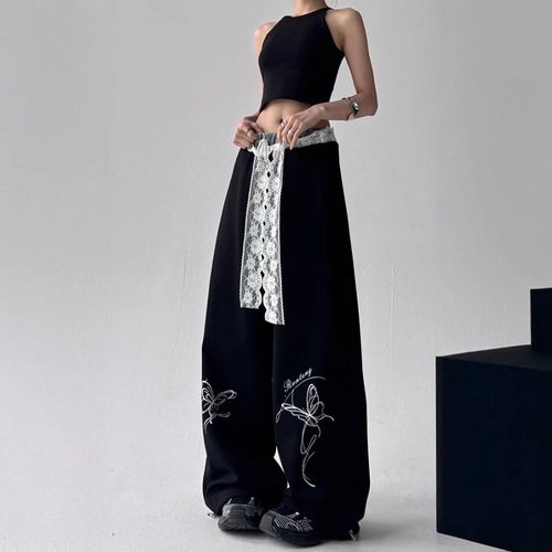 American-style bow lace casual pants for women, spring and autumn color-blocking and splicing track pants, sweet and spicy, pure desire style, design sense sportswear
