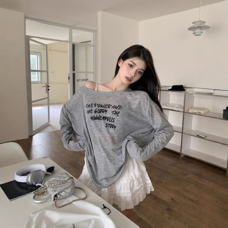 レイジースタイルレタープリント長袖日焼け止めTシャツ女性用2025夏新作純粋な欲望ルーズスリミングアウタートップ|undefined