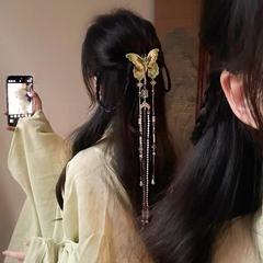 新中式绿色蝴蝶长流苏发夹古风汉服后压步摇发饰高级感后脑勺发夹