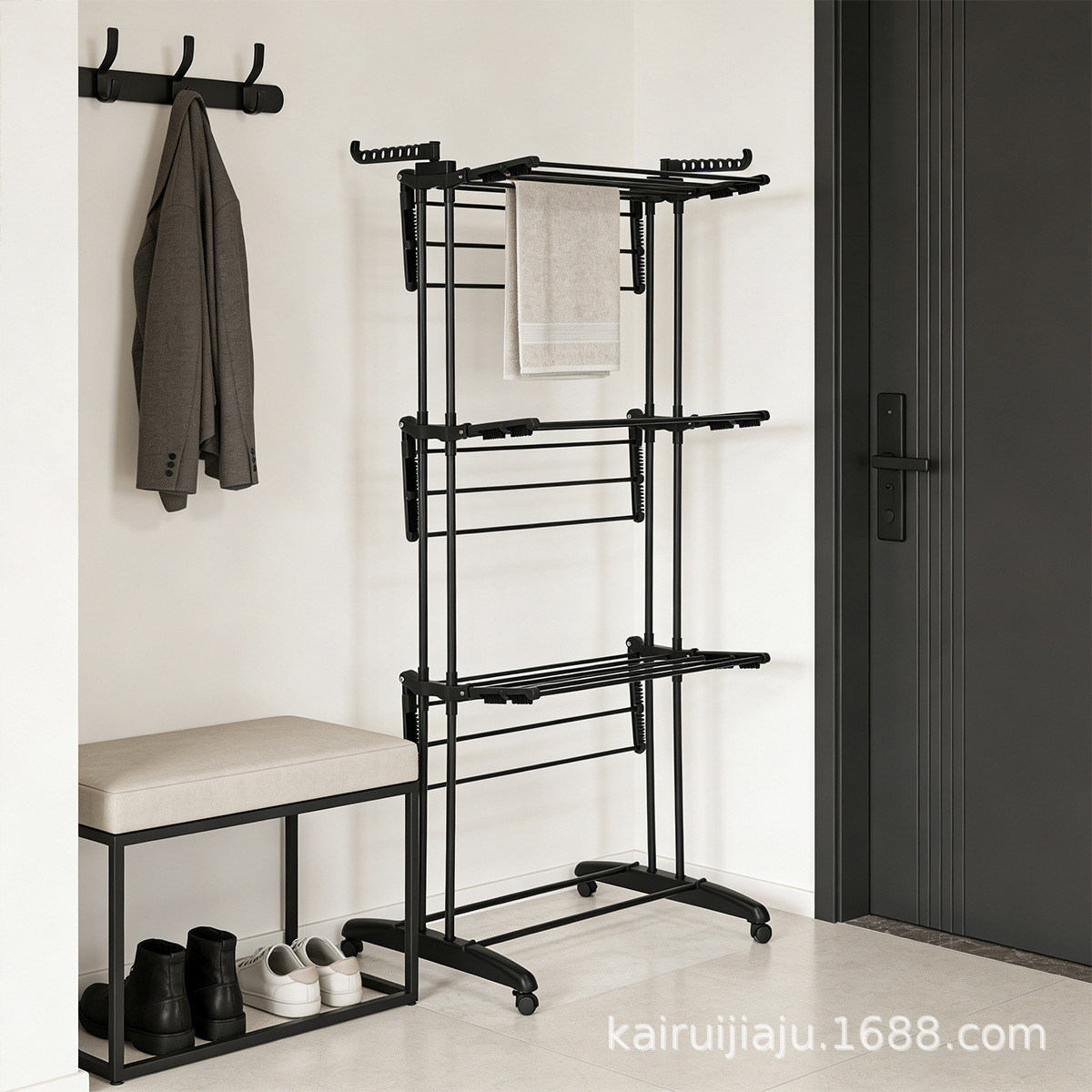 Fábrica multifuncional de piso de tres capas percha de secado de ropa percha de toallas de baño percha de secado de ropa percha de almacenamiento plegable móvil image 4