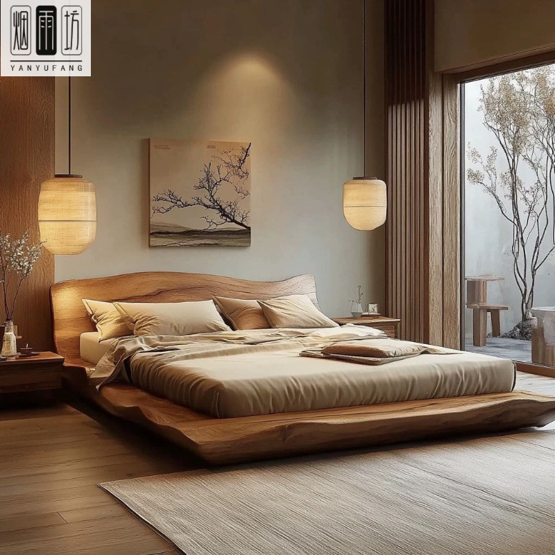 Wabi-sabi style wedding bed made of pure solid wood 2m x 2.2m double bed with mortise and tenon structure, Chinese-style double bed