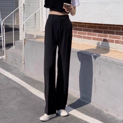 Black Slim Fit Silk Straight Leg Pants for Women 2025 Summer Thin Model Flowy Slimming Wide Leg Casual Suit Pants