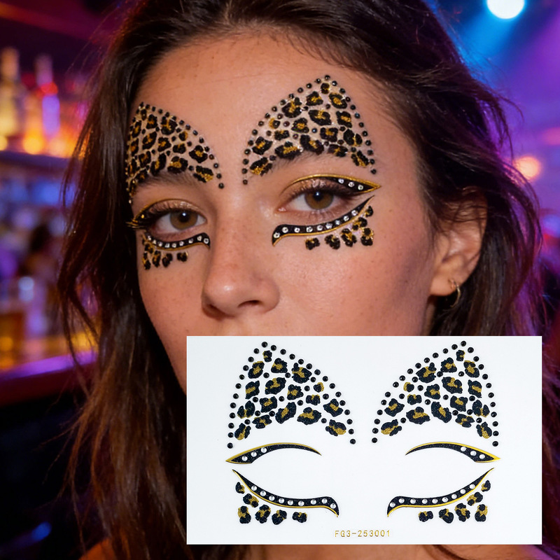 Leopard print glitter face stickers for women, music festival party eye makeup tattoo stickers, Halloween makeup self-adhesive face diamond stickers wholesale
