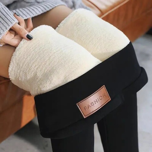 Korean Autumn/Winter Fleece Lined Thick Leggings for Women, Slimming Outerwear Mini Straight Leg Pants, Tall Waist Elastic Warmth Keeping Leggings for Women and Girls