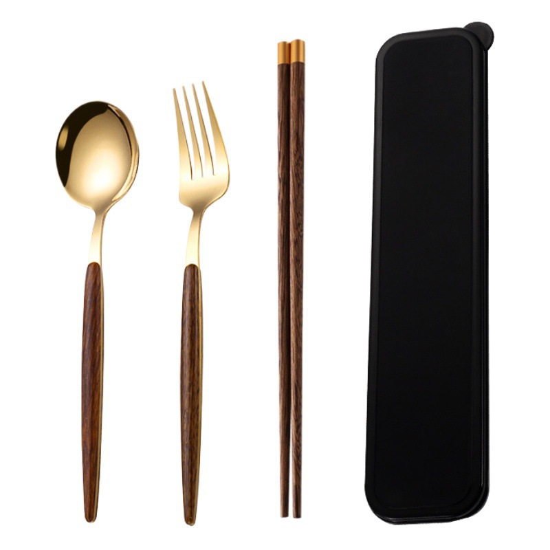 Estudiante de acero inoxidable vajilla portátil traje creativo grano de madera Portugués cuchara Tenedor ala de pollo palillos de madera conjunto de tres piezas image 1