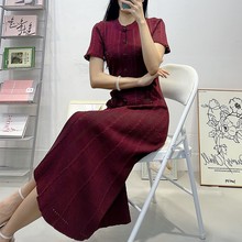 法式女装2025夏季新款气质修身连衣裙女短袖圆领长款修身针织长裙