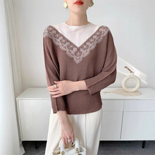 2026春秋新款拼接褶皱T恤舒适休闲长袖打底衫印花妈妈装宽松显瘦