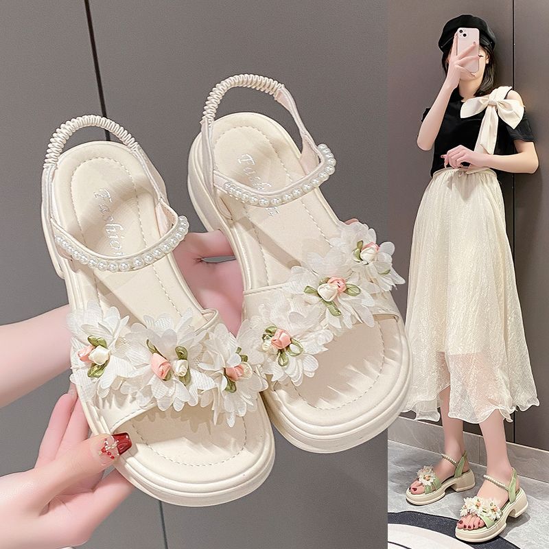 Fresh and Sweet Pearl Flower Sandals for Women 2025 Summer New Thick-Soled Versatile Open-Toe Strap Beach Sandals