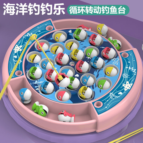 Cross-border electric rotating fishing toy set music magnetic children's educational early education function fishing plate 61 gifts