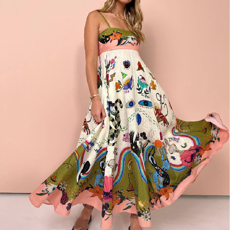 420g Weight Midi Dress Dress Length Type Sleeveless Sleeve Length Wholesale Women's Streetwear Printing Graffiti Holiday Daily Strap Sleeveless Swing Dress