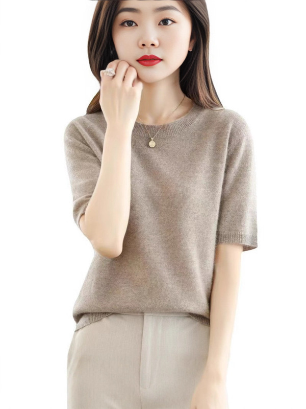 春夏季女装新款宽松圆领大码短款套头温柔风短袖上衣T桖针织衫|undefined