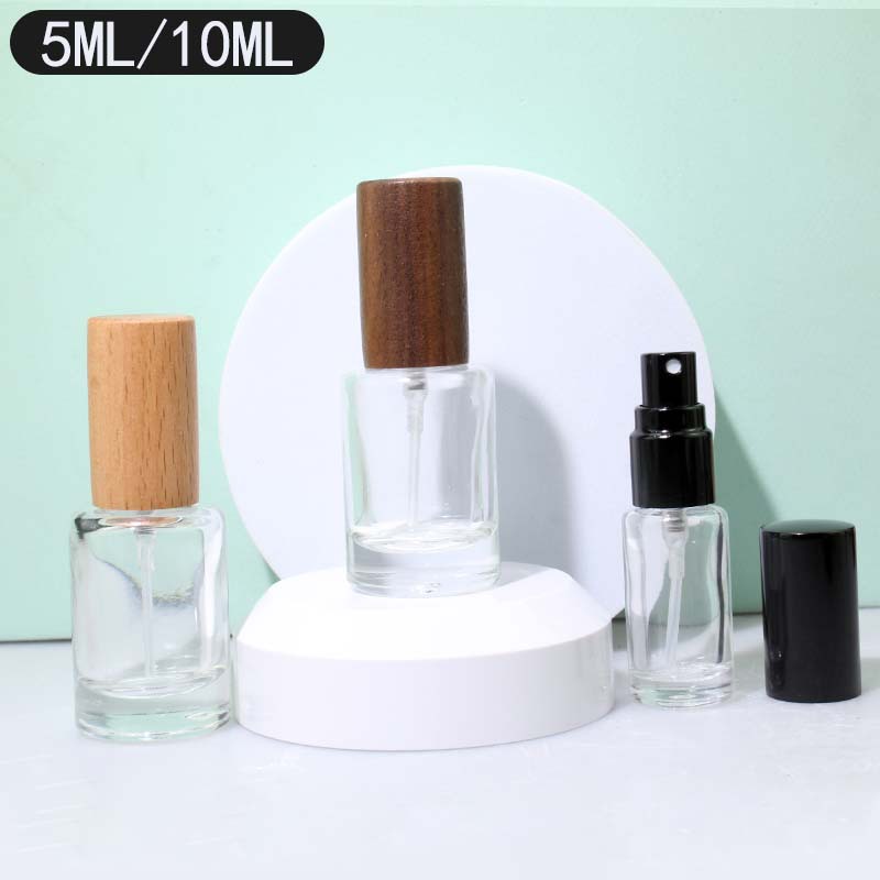 批发香水喷雾瓶 木盖透明圆柱香水分装瓶 5ml 10ml 玻璃香水瓶子