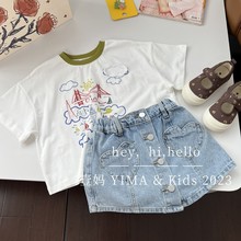 韓版女童夏季白色t恤短袖兒童時髦洋氣卡通印花上衣純棉打底衫潮